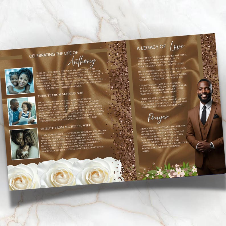 May include: A memorial program with a brown and gold color scheme. The left side features family photos and text, including the name "Anthony." The right side includes a photo of a man in a suit and text about love and prayer.