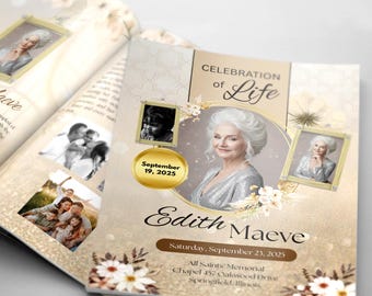 May include: A memorial booklet with a gold and beige floral design. The cover features a portrait of a woman with white hair, the text "Celebration of Life", and the name "Edith Maeve". Additional photos and dates are included.