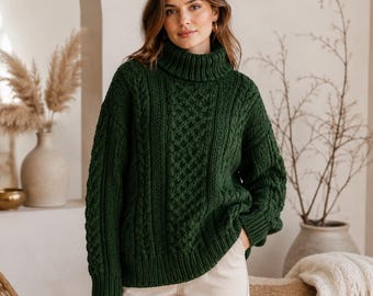 Crochet Cable Sweater Pattern, Women’s Oversized Turtleneck Pullover, Forest Green Winter Jumper, Sizes S–2XL, PDF EN FR Es Digital Download