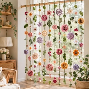 Flower Curtain Crochet Pattern PDF, 10 Floral Garland Designs, Boho Window Decor, Hanging Flower Wall Art, Digital Download