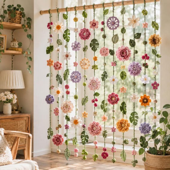 Flower Curtain Crochet Pattern PDF, 10 Floral Garland Designs, Boho Window Decor, Hanging Flower Wall Art, Digital Download