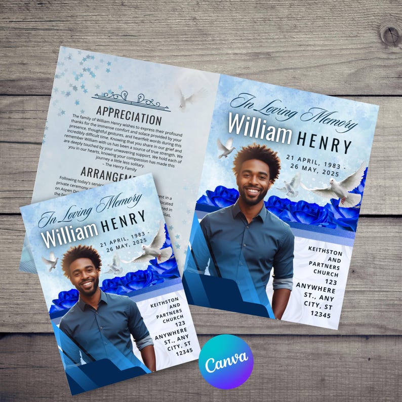 Blue Roses Funeral Program Template: Elegant Memorial Obituary (8.5x11 ...