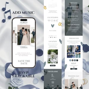 Puede incluir: Un diseño de invitación de boda digital con un teléfono inteligente que muestra fotos de James y Emma. La invitación incluye la fecha, el lugar y los detalles de RSVP, sobre un fondo azul y blanco. El texto incluye "Añadir música" y "Guardar la fecha".
