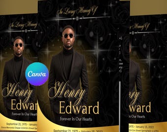 May include: Memorial cards featuring a man in a black suit and sunglasses. The cards have a black and gold floral design with the text "In Loving Memory Of" and the name "Henry Edward" in elegant script. Dates and location are also included.