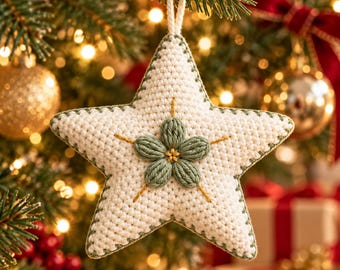 Crochet Christmas Star Ornament Pattern PDF, Puff Flower Detail, 2 Sizes, English, Fr & Spanish Photo Guide, Instant Downlaod- Digital File