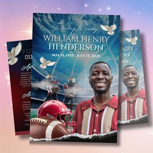 May include: Memorial cards featuring a smiling man in a red and cream collared shirt, with the text "In Loving Memory WILLIAM HENRY HENDERSON MAY 15, 1955 - JULY 13, 2025." Football imagery and doves are also present.