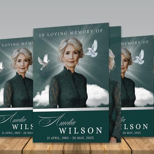 8 Page Green Silver Funeral Template with Photo Collage, 8.5x11&quot; Elegant Green Obituary Program, Bi-Fold Funeral, Celebration of Life
