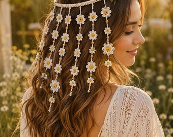 Wzór na szydełkową ozdobę do włosów w stylu boho Daisy Vine w formacie PDF, opaska na głowę z kwiatowym motywem, koralikowy kaskadowy dodatek do włosów, przyjazny dla początkujących (do pobrania)