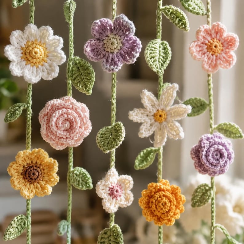 May include: A hanging wall decoration featuring multiple vertical strands of crocheted flowers and leaves. The flowers are in shades of white, yellow, pink, purple, and orange, while the stems and leaves are crafted from green yarn.