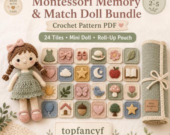 Wzór szydełkowy Montessori Memory Match w formacie PDF, mini laleczka i 24 pasujące płytki, zwijana saszetka, zestaw edukacyjnych gier amigurumi
