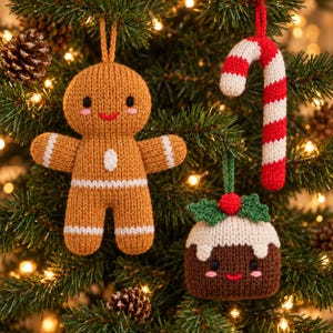 May include: Three knitted Christmas ornaments hanging on a tree: a tan gingerbread person with white icing details, a red and white striped candy cane, and a brown pudding with white icing, green holly leaves, and a red berry.
