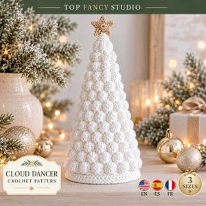 Cloud Dancer Frosted Puff Stitch Tree Crochet Pattern PDF, Photo Guided Christmas Tree Pattern, Beginner Crochet Holiday Decor, En Fr Es