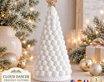 Cloud Dancer Frosted Puff Stitch Tree Crochet Pattern PDF, Photo Guided Christmas Tree Pattern, Beginner Crochet Holiday Decor, En Fr Es