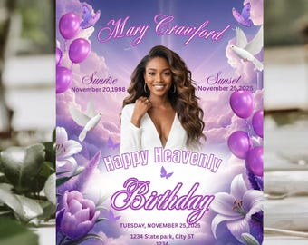 Purple Memorial Balloon Release Flyer, Editable Funeral Template (Digital Download)