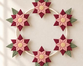 Quilted Poinsettia Wreath Sewing Pattern PDF, Christmas Fabric Flowers, Full-Size Templates Photo Guide, English, Fr & Es, Instant Download