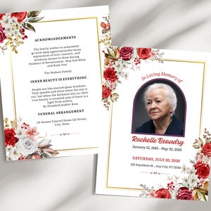 May include: Two funeral service cards with floral arrangements. One card features text including "Acknowledgements" and "Inner Beauty is Everything." The other card has a photo and reads "In Loving Memory of Rachelle Beaudry."