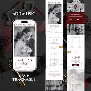 Può includere: Uno smartphone mostra un invito di nozze con il testo "JOISON & HAINIM" e "WEDDING DAY April 14 2026." Pannelli aggiuntivi mostrano i dettagli del matrimonio, un timer per il conto alla rovescia e le informazioni RSVP. Una chiave decorativa è in primo piano.