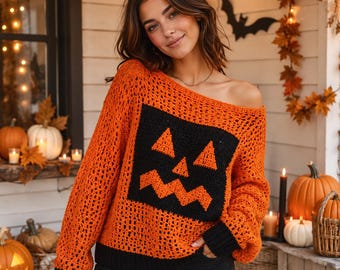 Wzór na sweter Jack O'Lantern na szydełku w formacie PDF, sweter z odkrytymi ramionami na Halloween, sweter z siateczki w dynię, wzór na szydełkowanie dla początkujących XS-3XL