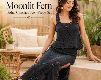 Wzór PDF na dwuczęściowy komplet szydełkowy Moonlit Fern, długa spódnica szydełkowa i koronkowy top na ramiączkach, letni strój w stylu boho, rozmiary XS–5XL