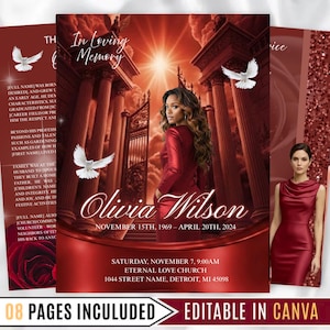 Peut inclure: Un modèle de faire-part de deuil avec une palette de couleurs rouge et or. Il présente une femme en robe rouge, des colombes et des colonnes architecturales. Le texte comprend "In Loving Memory" et le nom "Olivia Wilson" avec des dates. Le bandeau inférieur indique "Eternal Love Church".