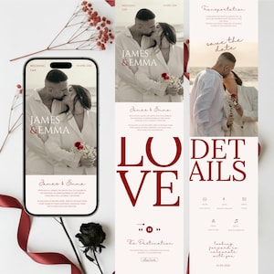 May include: A wedding invitation suite featuring a photo of a couple kissing, with the names "James & Emma" in burgundy. The design includes details about the wedding day, transportation, and a "save the date" message.