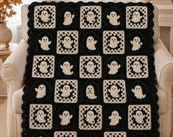 Ghost Crochet Blanket Pattern PDF, Halloween Granny Square Afghan, Black and White Gothic Home Décor, Photo-Guided Download