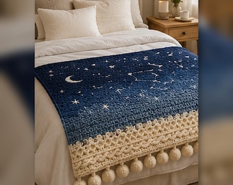 Szydełkowy wzór koca świątecznego PDF, Modèle Couverture Crochet, Patrón Manta Navideña, Star Moon Ombré Throw, EN FR Es