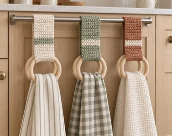 Crochet Towel Holder Pattern PDF | Double Wooden Ring Kitchen Towel Hanger | 3 Sizes | English, French, Es, Photo Guide, Instant Download