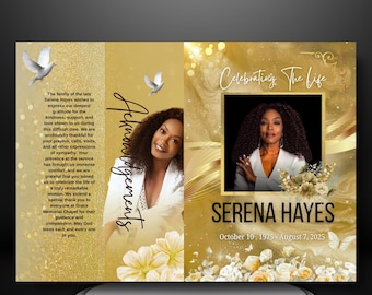 Gold Floral Funeral Program Template: 8-Page Memorial Booklet (Canva, Instant Download)