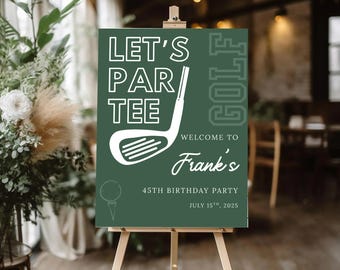 May include: A green sign on a wooden easel with the text "LET'S PAR TEE GOLF" and a golf club graphic. The sign welcomes guests to Frank's 45th Birthday Party on July 15th, 2025. The sign is in a room with plants and a blurred background.