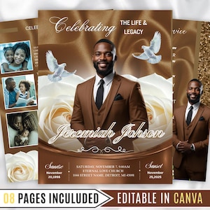 May include: A memorial program with a brown and gold color scheme. The design features a portrait of a man in a brown suit, white doves, and a large white rose. The text reads "Celebrating The Life & Legacy" and "Jeremiah Johnson".