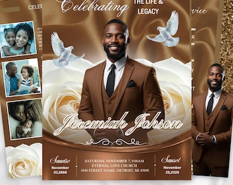 Brown Roses Funeral Program Template: Elegant Memorial (Canva PDF)