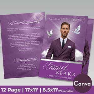 May include: A memorial service program with a portrait of a man in a purple suit, doves, and text. The program includes the text "In Loving Memory of Daniel Blake" and details of the service. The program is 17x11 inches.