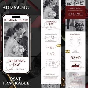Op de afbeelding: Een digitaal huwelijksuitnodigingsontwerp met een zwart-witfoto van een stel. De uitnodiging bevat de namen "Joison & Hainim", de trouwdatum, RSVP-informatie en een countdown timer. Het ontwerp is in tinten bordeauxrood en wit.