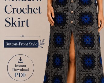 Wzór na spódnicę szydełkową w formacie PDF, długa spódnica w kwadraty babci, spódnica szydełkowa z guzikami z przodu, wzór na spódnicę z motywem kwiatowym, natychmiastowe pobranie