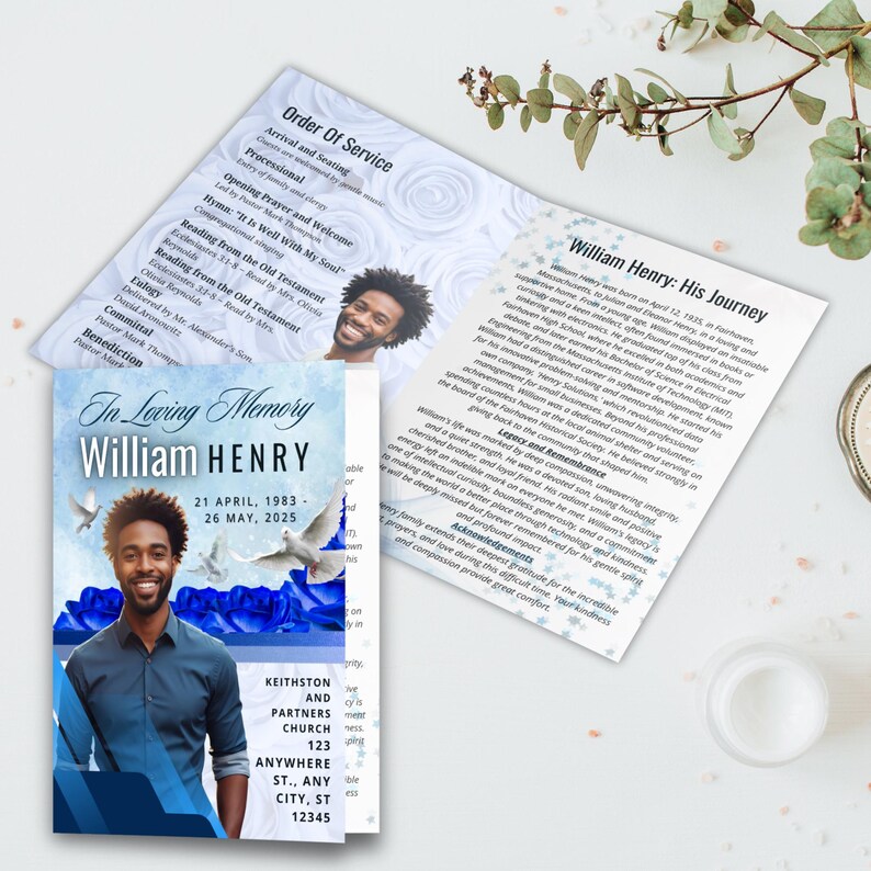 Blue Roses Funeral Program Template: Elegant Memorial Obituary (8.5x11 ...