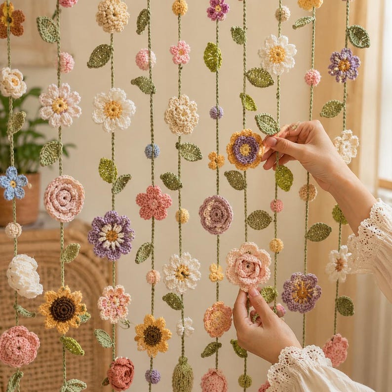 May include: A decorative hanging garland featuring multiple vertical strands of crocheted flowers and leaves in various colors including pink, yellow, white, purple, and green. The floral elements are attached to thin green yarn strings.