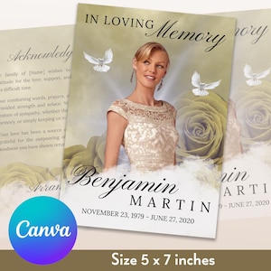 Plantilla de programa funerario de rosas beige: Celebración de la vida (Canva editable)