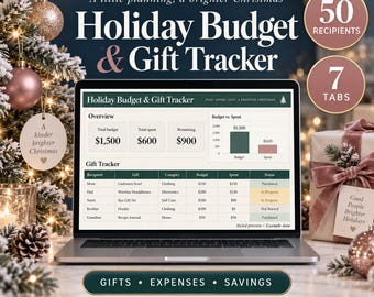 Christmas Budget Spreadsheet Excel, Holiday Gift Tracker for 50 Recipients, Savings Planner, Expense Tracker, 7 Editable Tabs, Instant File