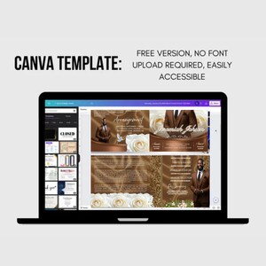 May include: A laptop displays a Canva template with a brown and gold funeral arrangement design. The design includes images of a person in a suit, white roses, and text. The text on the screen reads "Arrangement" and "Jeremiah Johnson."