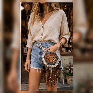 May include: A beige button-down shirt with long sleeves, light blue denim shorts with a frayed hem, and a hexagonal crochet crossbody bag featuring a multi-colored center, a cream border, and long brown fringe with small metallic beads attached.