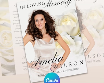 White Rose Funeral Program Template: 8-Page Memorial (Digital Download)