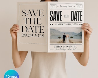 Newspaper Save The Date Template, Wedding Announcement (Digital)