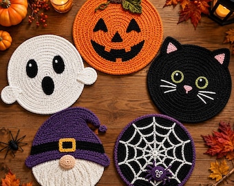 Zestaw szydełkowych podkładek na Halloween w formacie PDF | 5 upiornych wzorów postaci | Dynia, duch, kot, czarownica, krasnal, pajęczyna | Angielski, francuski, hiszpański