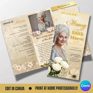 May include: A memorial service program with a gold and cream color scheme. The program features a photo of a woman, floral accents, and text including the name "Edith Maeve" and service details. The words "Rest in the Arms of the Lord" are also visible.