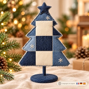 Denim Christmas Tree Sewing Pattern PDF, 3 Sizes, Patchwork Tabletop Tree with Snowflake Embroidery, Festive Decor Craft, Instant Download