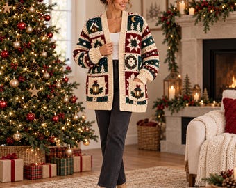 Christmas Crochet Cardigan Pattern, Patchwork Holiday Sweater PDF, Tapestry Crochet Jacket, Women's XS-5XL, Digital Download, Eng, Es, FR