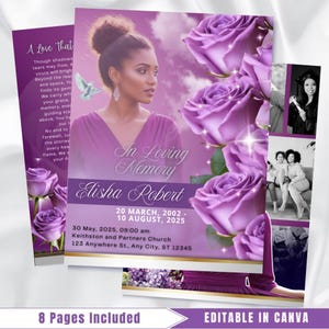 Könnte beinhalten: Eine Gedenkkarte mit lila und weißem Design. Die Karte zeigt ein Porträt einer Frau, lila Rosen und den Text "In Loving Memory" zusammen mit dem Namen Elisha Robert und Daten. Die Wörter "8 Pages Included" und "Editable in Canva" sind ebenfalls sichtbar.