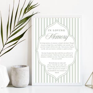 May include: A framed print with a white border, featuring a soft green and white striped background. The text reads "IN LOVING Memory" in elegant script, followed by a heartfelt poem about remembrance and love.