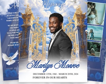 Navy Blue & Gold Funeral Program Template, Elegant Memorial (Editable Canva Design)